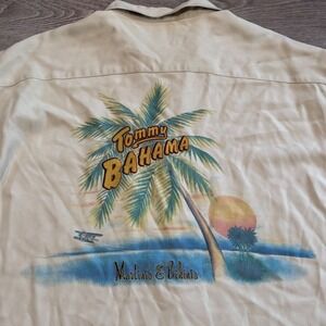 Tommy Bahama Silk Shirt Mens XL Cream Martinis &‎ Bikinis Graphic Camp Hawaiian